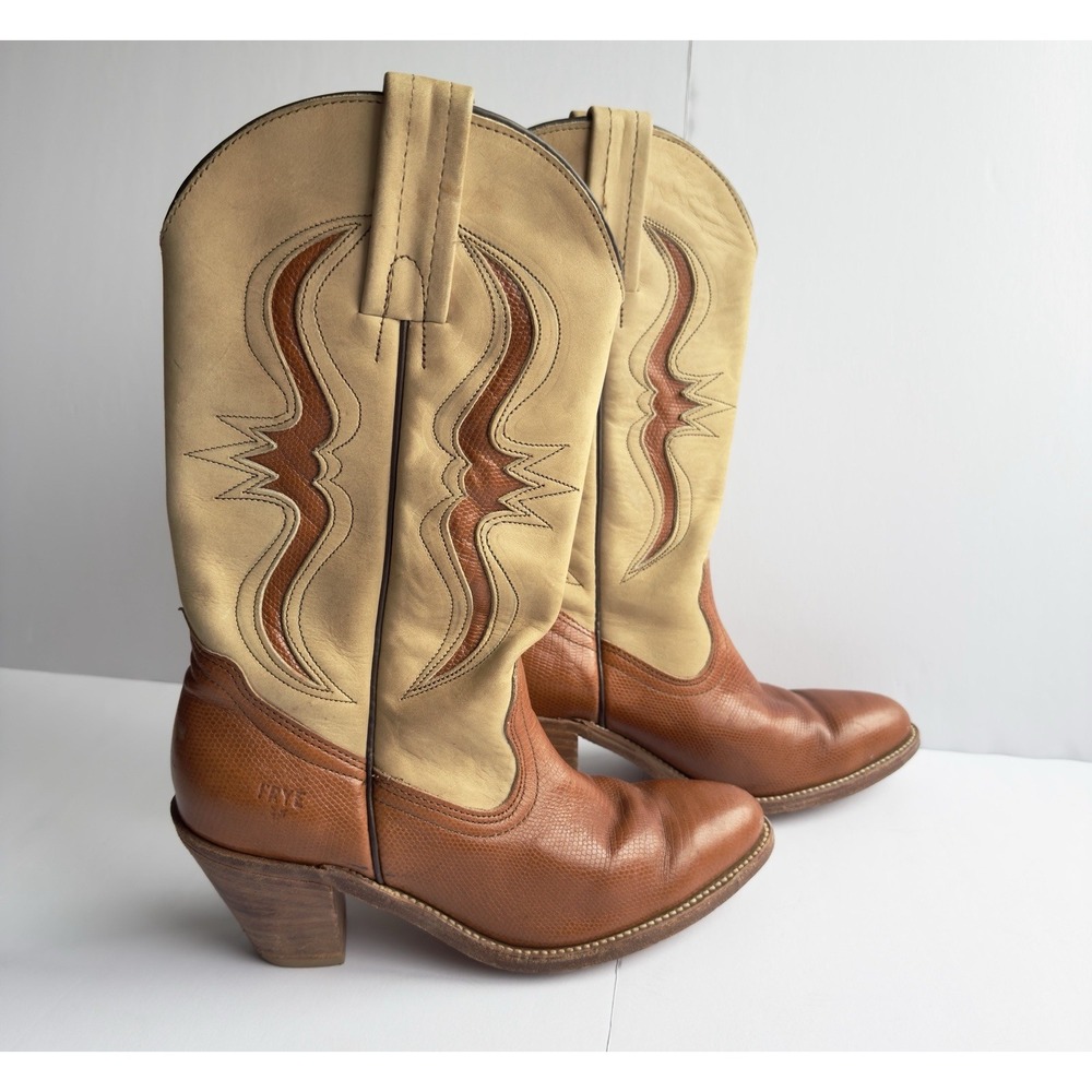 FRYE Bench Crafted Clam Burg Cowboy Boot Women 8.5 AA Brown Lizard‎ Leather West